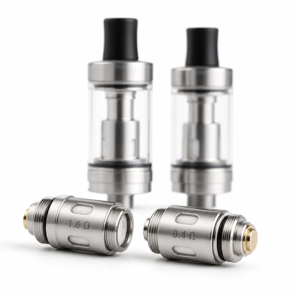 Résistances 1,6 ohm et 0,4 ohm posées devant deux clearomiseurs